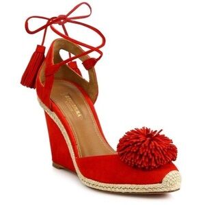 AQUAZZURA Sunshine Pompom Red Suede Wedge Sandal Espadrille US 7/7.5 / EU 37.5